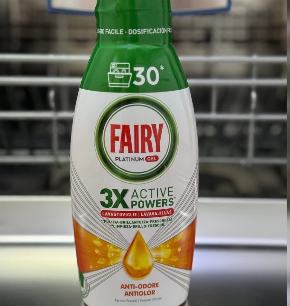 ژل ماشین ظرفشویی فیری پلاتینیوم رایحه لیمو و رتقال مدل اکتیو پاورز3x محصول ایتالیا