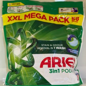 قرص ماشين لباسشویی همه کاره Ariel مدل All in one pods ایتالیا سفارش(لنوردار) ۵۸ تایی