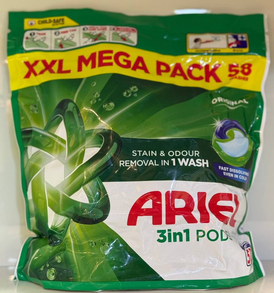قرص ماشين لباسشویی همه کاره Ariel مدل All in one pods ایتالیا سفارش(لنوردار) ۵۸ تایی